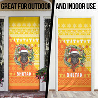 Bhutan Christmas Door Cover with Takin Reindeer Antlers Santa Hat and Yellow Orange Holiday Pattern - Wonder Print Shop