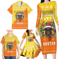 Bhutan Christmas Family Matching Long Sleeve Bodycon Dress and Hawaiian Shirt with Takin Reindeer Antlers Santa Hat and Yellow Orange Holiday Pattern - Wonder Print Shop
