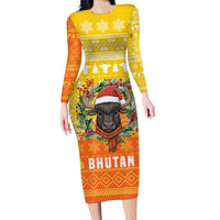 Bhutan Christmas Family Matching Long Sleeve Bodycon Dress and Hawaiian Shirt with Takin Reindeer Antlers Santa Hat and Yellow Orange Holiday Pattern - Wonder Print Shop