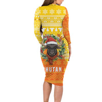 Bhutan Christmas Family Matching Long Sleeve Bodycon Dress and Hawaiian Shirt with Takin Reindeer Antlers Santa Hat and Yellow Orange Holiday Pattern - Wonder Print Shop