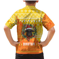 Bhutan Christmas Family Matching Mermaid Dress and Hawaiian Shirt with Takin Reindeer Antlers Santa Hat and Yellow Orange Holiday Pattern - Wonder Print Shop