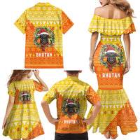 Bhutan Christmas Family Matching Mermaid Dress and Hawaiian Shirt with Takin Reindeer Antlers Santa Hat and Yellow Orange Holiday Pattern - Wonder Print Shop
