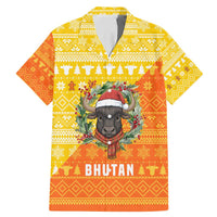Bhutan Christmas Family Matching Mermaid Dress and Hawaiian Shirt with Takin Reindeer Antlers Santa Hat and Yellow Orange Holiday Pattern - Wonder Print Shop