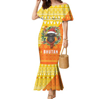 Bhutan Christmas Family Matching Mermaid Dress and Hawaiian Shirt with Takin Reindeer Antlers Santa Hat and Yellow Orange Holiday Pattern - Wonder Print Shop