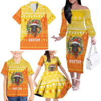 Bhutan Christmas Family Matching Off The Shoulder Long Sleeve Dress and Hawaiian Shirt with Takin Reindeer Antlers Santa Hat and Yellow Orange Holiday Pattern - Wonder Print Shop