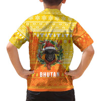 Bhutan Christmas Family Matching Off Shoulder Maxi Dress and Hawaiian Shirt with Takin Reindeer Antlers Santa Hat and Yellow Orange Holiday Pattern - Wonder Print Shop