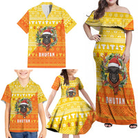 Bhutan Christmas Family Matching Off Shoulder Maxi Dress and Hawaiian Shirt with Takin Reindeer Antlers Santa Hat and Yellow Orange Holiday Pattern - Wonder Print Shop