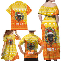 Bhutan Christmas Family Matching Off Shoulder Maxi Dress and Hawaiian Shirt with Takin Reindeer Antlers Santa Hat and Yellow Orange Holiday Pattern - Wonder Print Shop