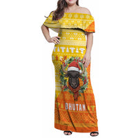 Bhutan Christmas Family Matching Off Shoulder Maxi Dress and Hawaiian Shirt with Takin Reindeer Antlers Santa Hat and Yellow Orange Holiday Pattern - Wonder Print Shop