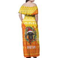 Bhutan Christmas Family Matching Off Shoulder Maxi Dress and Hawaiian Shirt with Takin Reindeer Antlers Santa Hat and Yellow Orange Holiday Pattern - Wonder Print Shop