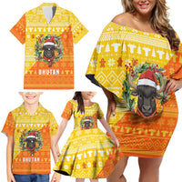 Bhutan Christmas Family Matching Off Shoulder Short Dress and Hawaiian Shirt with Takin Reindeer Antlers Santa Hat and Yellow Orange Holiday Pattern - Wonder Print Shop