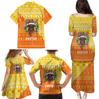 Bhutan Christmas Family Matching Puletasi and Hawaiian Shirt with Takin Reindeer Antlers Santa Hat and Yellow Orange Holiday Pattern - Wonder Print Shop