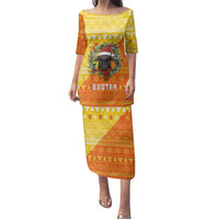 Bhutan Christmas Family Matching Puletasi and Hawaiian Shirt with Takin Reindeer Antlers Santa Hat and Yellow Orange Holiday Pattern - Wonder Print Shop