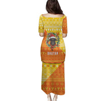 Bhutan Christmas Family Matching Puletasi and Hawaiian Shirt with Takin Reindeer Antlers Santa Hat and Yellow Orange Holiday Pattern - Wonder Print Shop