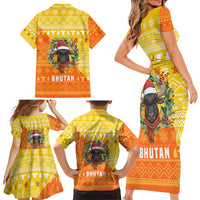 Bhutan Christmas Family Matching Short Sleeve Bodycon Dress and Hawaiian Shirt with Takin Reindeer Antlers Santa Hat and Yellow Orange Holiday Pattern - Wonder Print Shop