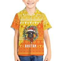 Bhutan Christmas Family Matching Short Sleeve Bodycon Dress and Hawaiian Shirt with Takin Reindeer Antlers Santa Hat and Yellow Orange Holiday Pattern - Wonder Print Shop