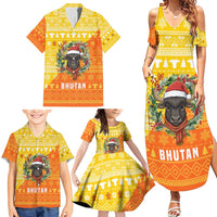 Bhutan Christmas Family Matching Summer Maxi Dress and Hawaiian Shirt with Takin Reindeer Antlers Santa Hat and Yellow Orange Holiday Pattern - Wonder Print Shop
