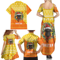 Bhutan Christmas Family Matching Summer Maxi Dress and Hawaiian Shirt with Takin Reindeer Antlers Santa Hat and Yellow Orange Holiday Pattern - Wonder Print Shop