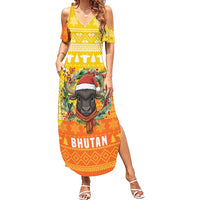 Bhutan Christmas Family Matching Summer Maxi Dress and Hawaiian Shirt with Takin Reindeer Antlers Santa Hat and Yellow Orange Holiday Pattern - Wonder Print Shop