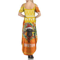 Bhutan Christmas Family Matching Summer Maxi Dress and Hawaiian Shirt with Takin Reindeer Antlers Santa Hat and Yellow Orange Holiday Pattern - Wonder Print Shop