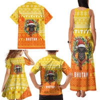 Bhutan Christmas Family Matching Tank Maxi Dress and Hawaiian Shirt with Takin Reindeer Antlers Santa Hat and Yellow Orange Holiday Pattern - Wonder Print Shop