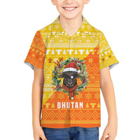 Bhutan Christmas Family Matching Tank Maxi Dress and Hawaiian Shirt with Takin Reindeer Antlers Santa Hat and Yellow Orange Holiday Pattern - Wonder Print Shop