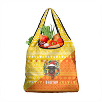 Bhutan Christmas Grocery Bag with Takin Reindeer Antlers Santa Hat and Yellow Orange Holiday Pattern - Wonder Print Shop