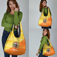 Bhutan Christmas Grocery Bag with Takin Reindeer Antlers Santa Hat and Yellow Orange Holiday Pattern - Wonder Print Shop