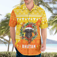Bhutan Christmas Hawaiian Shirt with Takin Reindeer Antlers Santa Hat and Yellow Orange Holiday Pattern - Wonder Print Shop