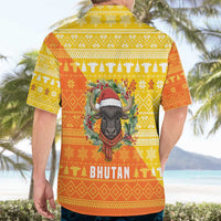 Bhutan Christmas Hawaiian Shirt with Takin Reindeer Antlers Santa Hat and Yellow Orange Holiday Pattern - Wonder Print Shop