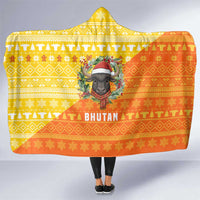 Bhutan Christmas Hooded Blanket with Takin Reindeer Antlers Santa Hat and Yellow Orange Holiday Pattern - Wonder Print Shop