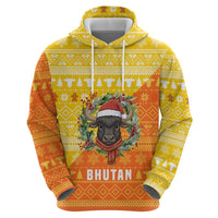 Bhutan Christmas Hoodie with Takin Reindeer Antlers Santa Hat and Yellow Orange Holiday Pattern - Wonder Print Shop