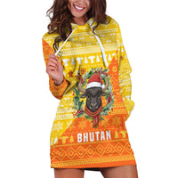 Bhutan Christmas Hoodie Dress with Takin Reindeer Antlers Santa Hat and Yellow Orange Holiday Pattern - Wonder Print Shop