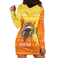 Bhutan Christmas Hoodie Dress with Takin Reindeer Antlers Santa Hat and Yellow Orange Holiday Pattern - Wonder Print Shop