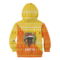 Bhutan Christmas Kid Hoodie with Takin Reindeer Antlers Santa Hat and Yellow Orange Holiday Pattern - Wonder Print Shop