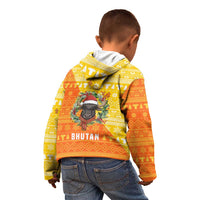 Bhutan Christmas Kid Hoodie with Takin Reindeer Antlers Santa Hat and Yellow Orange Holiday Pattern - Wonder Print Shop