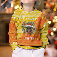 Bhutan Christmas Kid Ugly Christmas Sweater with Takin Reindeer Antlers Santa Hat and Yellow Orange Holiday Pattern - Wonder Print Shop