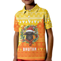 Bhutan Christmas Kid Polo Shirt with Takin Reindeer Antlers Santa Hat and Yellow Orange Holiday Pattern - Wonder Print Shop