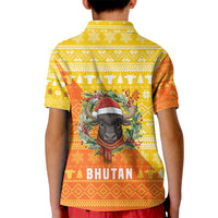 Bhutan Christmas Kid Polo Shirt with Takin Reindeer Antlers Santa Hat and Yellow Orange Holiday Pattern - Wonder Print Shop