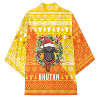 Bhutan Christmas Kimono with Takin Reindeer Antlers Santa Hat and Yellow Orange Holiday Pattern - Wonder Print Shop