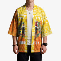 Bhutan Christmas Kimono with Takin Reindeer Antlers Santa Hat and Yellow Orange Holiday Pattern - Wonder Print Shop