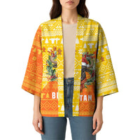 Bhutan Christmas Kimono with Takin Reindeer Antlers Santa Hat and Yellow Orange Holiday Pattern - Wonder Print Shop