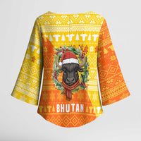 Bhutan Christmas Kimono Sleeve Blouse with Takin Reindeer Antlers Santa Hat and Yellow Orange Holiday Pattern - Wonder Print Shop