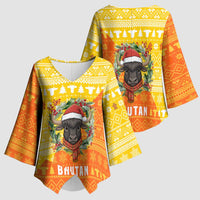 Bhutan Christmas Kimono Sleeve Blouse with Takin Reindeer Antlers Santa Hat and Yellow Orange Holiday Pattern - Wonder Print Shop