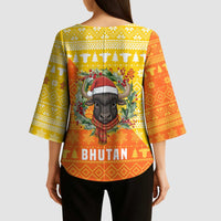 Bhutan Christmas Kimono Sleeve Blouse with Takin Reindeer Antlers Santa Hat and Yellow Orange Holiday Pattern - Wonder Print Shop