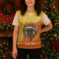 Bhutan Christmas Knitted V-Neck Vest with Takin Reindeer Antlers Santa Hat and Yellow Orange Holiday Pattern - Wonder Print Shop