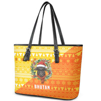 Bhutan Christmas Leather Tote Bag with Takin Reindeer Antlers Santa Hat and Yellow Orange Holiday Pattern - Wonder Print Shop
