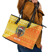 Bhutan Christmas Leather Tote Bag with Takin Reindeer Antlers Santa Hat and Yellow Orange Holiday Pattern - Wonder Print Shop