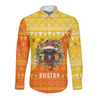 Bhutan Christmas Long Sleeve Button Shirt with Takin Reindeer Antlers Santa Hat and Yellow Orange Holiday Pattern - Wonder Print Shop
