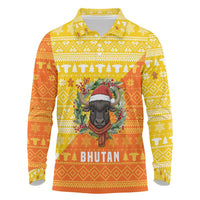 Bhutan Christmas Long Sleeve Polo Shirt with Takin Reindeer Antlers Santa Hat and Yellow Orange Holiday Pattern - Wonder Print Shop